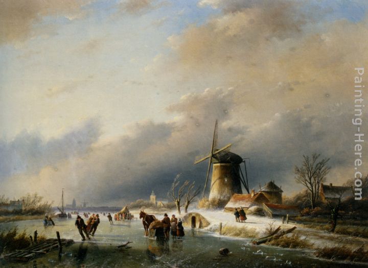 Figures Skating on a Frozen River painting - Jan Jacob Coenraad Spohler Figures Skating on a Frozen River art painting